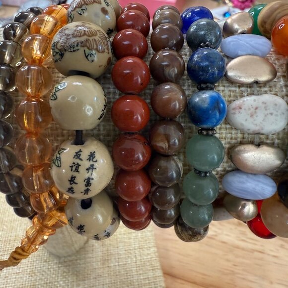 Earth Tone Stretch Bracelet Lot Set Of 10 Beaded Stone & Glass Accessories For W - Picture 6 of 9